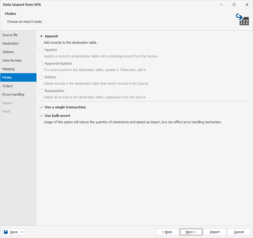 Import modes