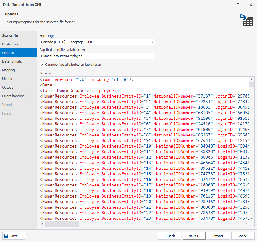 Configure import options