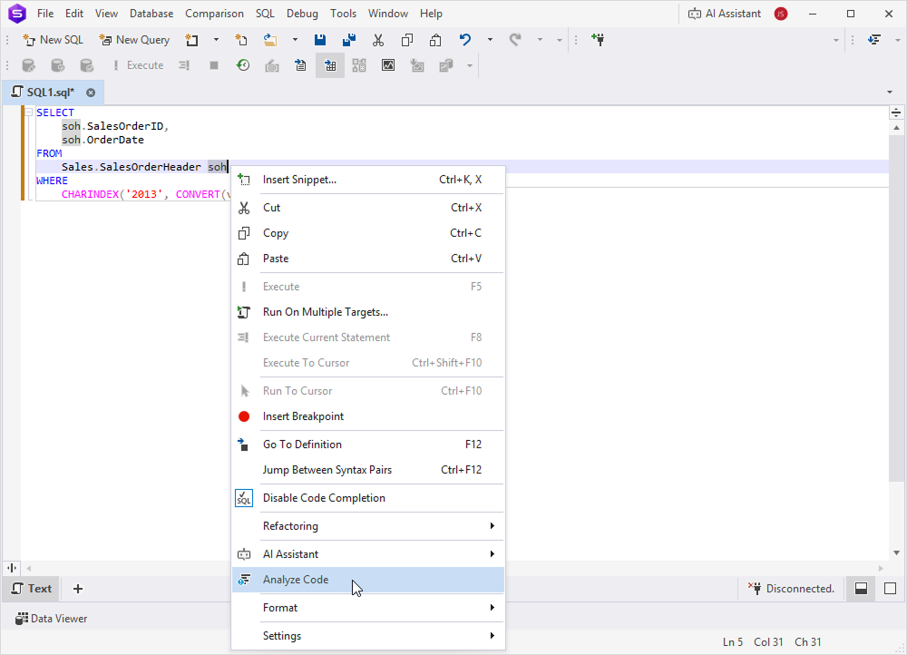 Analyze code selection