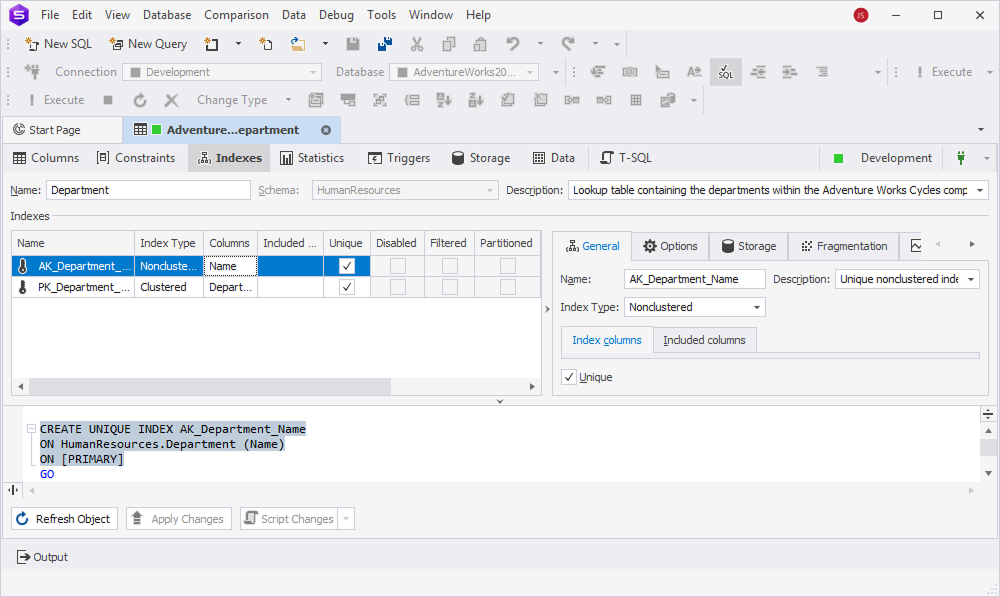 Table Editor - Indexes grid