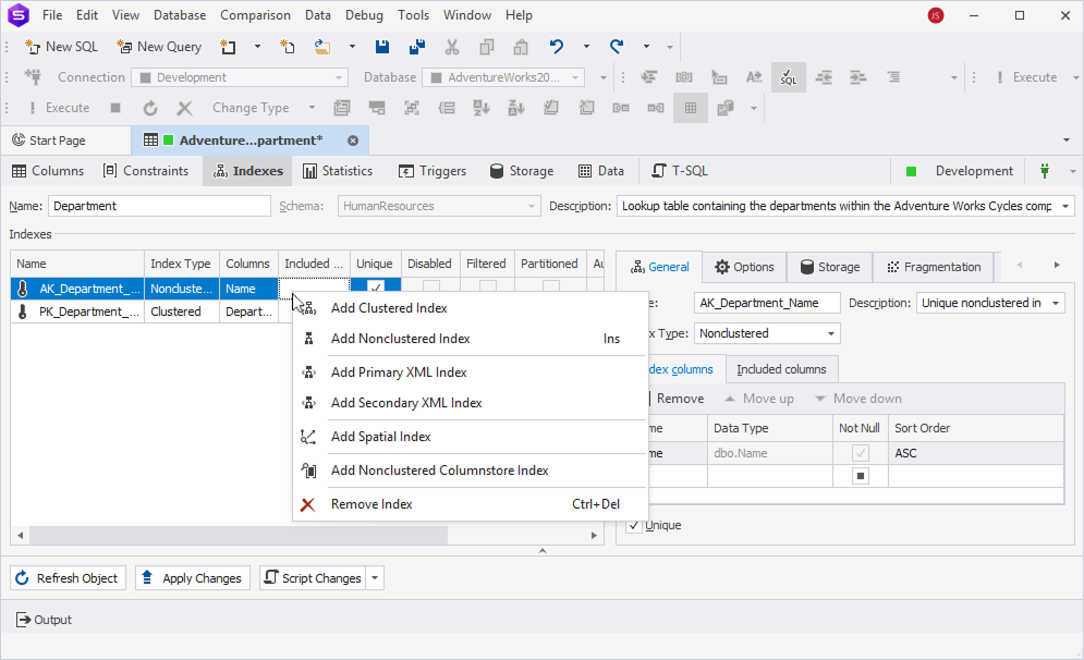 Table Editor - Indexes