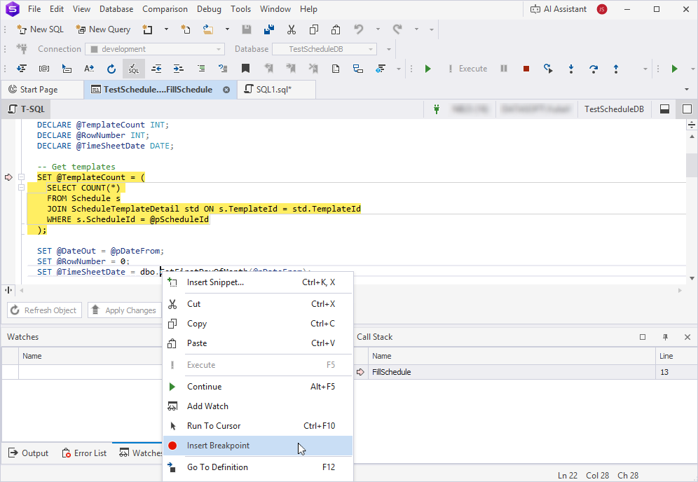 Insert a breakpoint from the shortcut menu