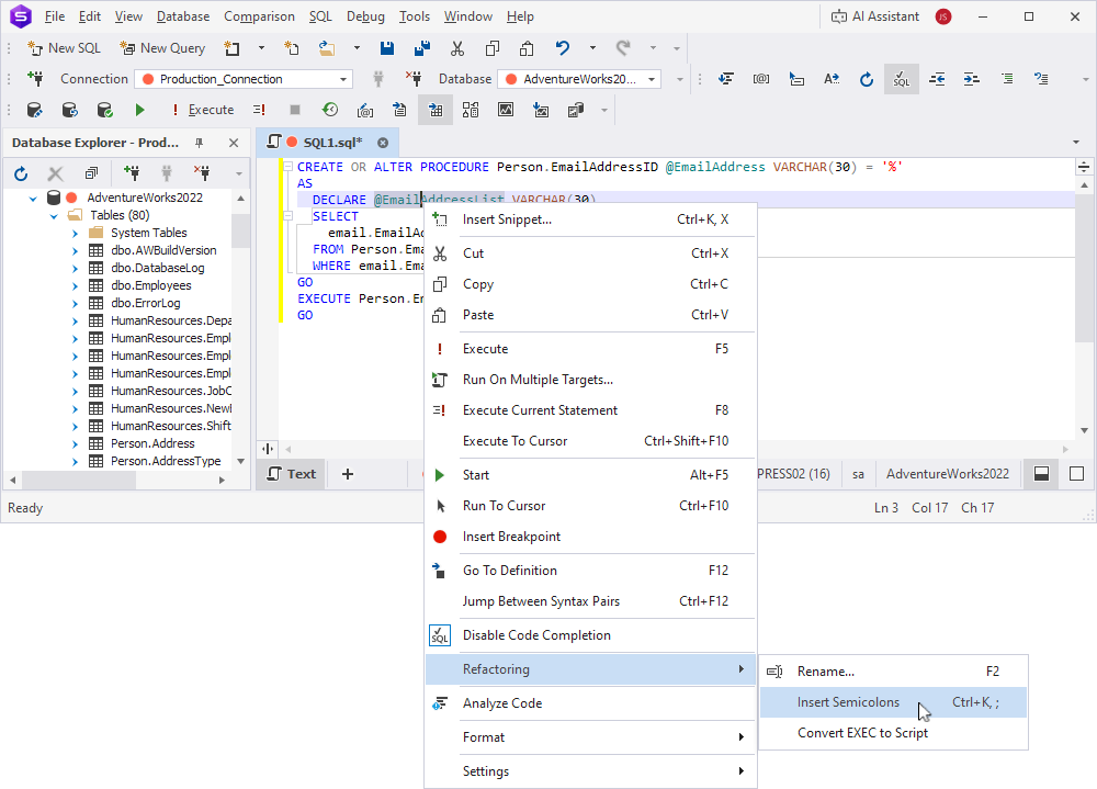 The shortcut menu with the Insert Semicolons menu item