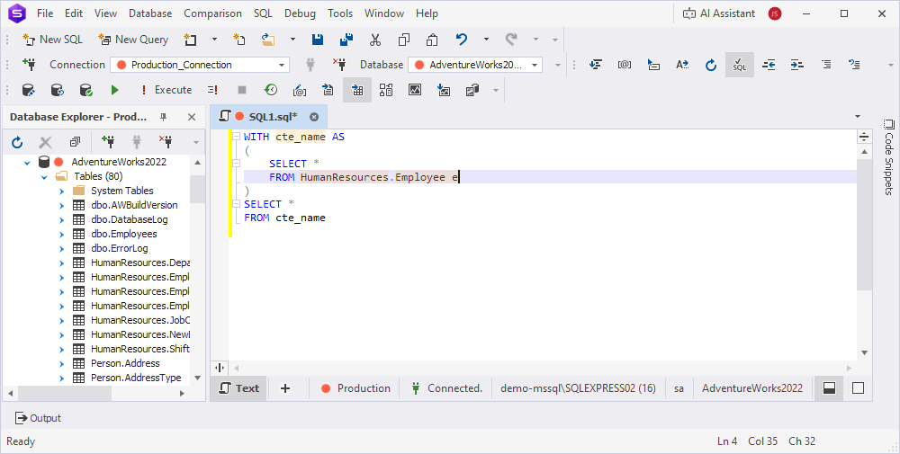 An inserted snippet with highlighted parameters