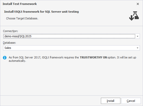 Install the tSQLt framework in the Sales database