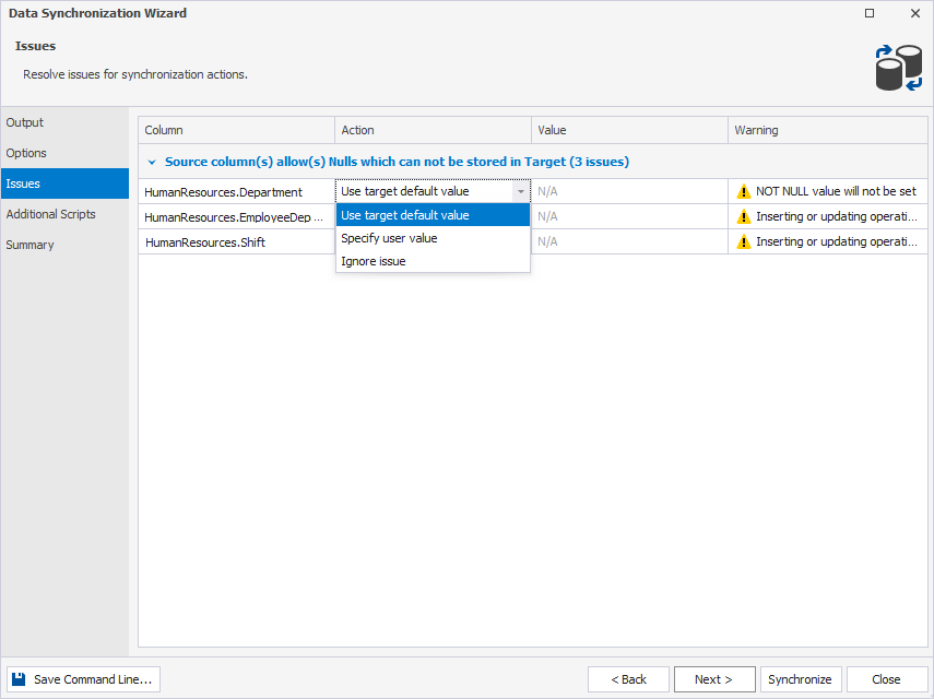 Issues page in the Data Synchronization Wizard