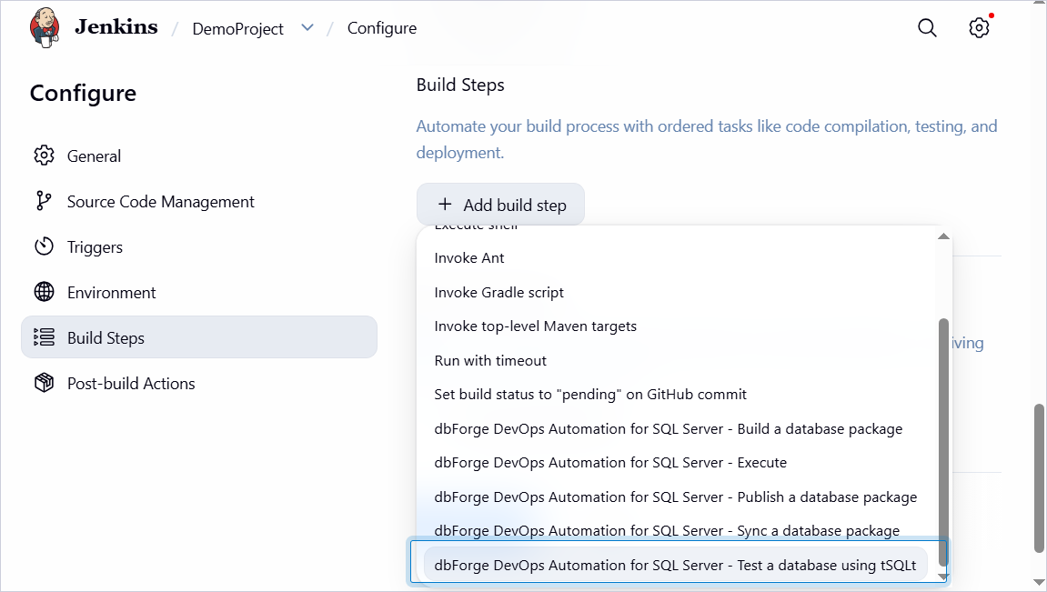 Configure the Test step settings
