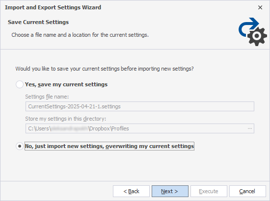 The Save current settings page of the Import and Export Settings Wizard