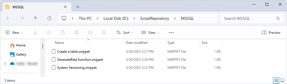 The local folder displays all created code snippets