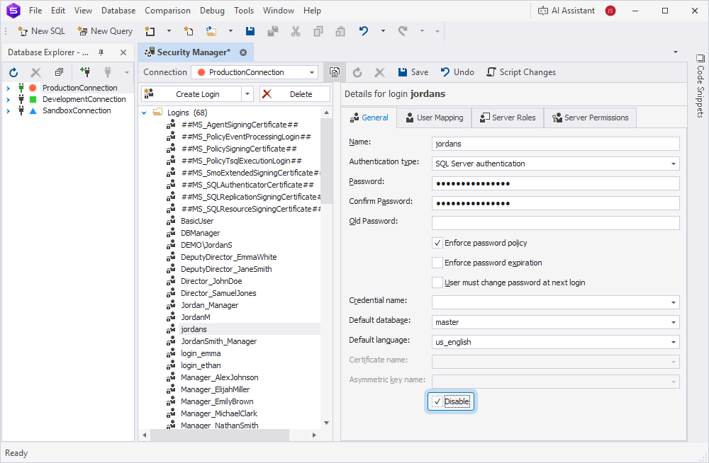 The Disable checkbox selected on the General tab for a login in the Security Manager window