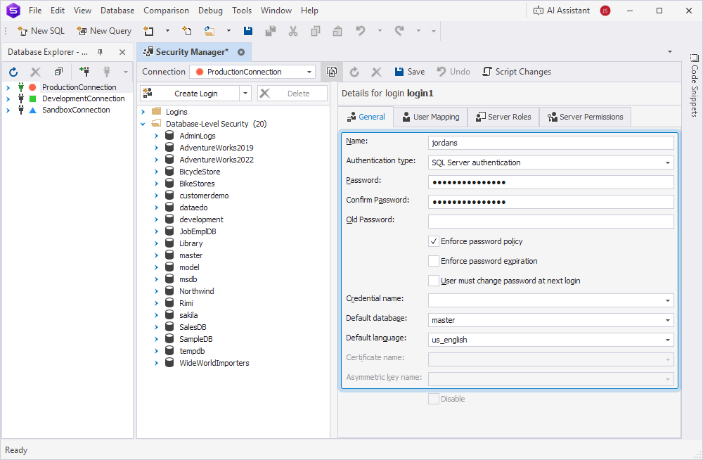 The General tab with details for a new login in the Security Manager window