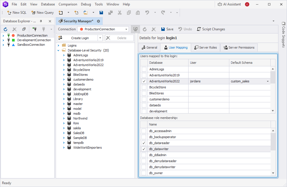 The User Mapping tab with selected checkboxes in the Security Manager window
