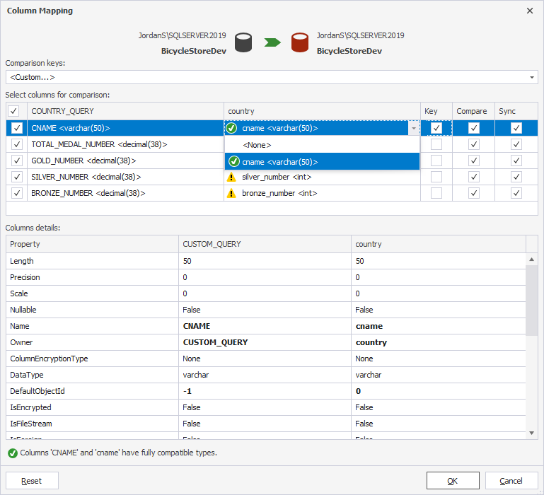 Map the source and target columns