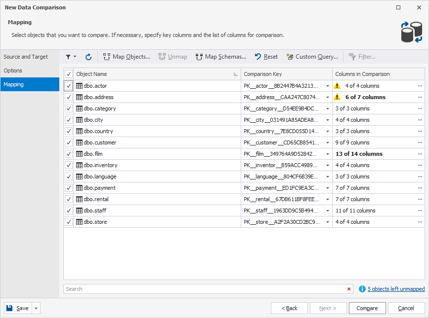 Mapping page of the New Data Comparison wizard