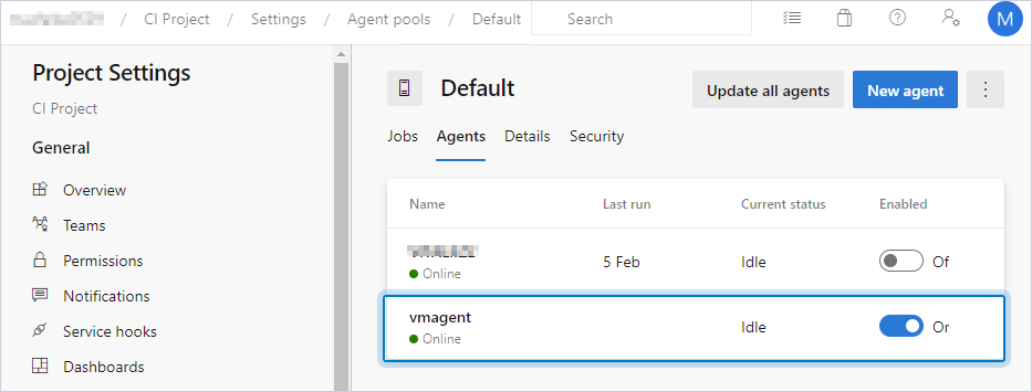 The created agent appears in the list on the Default page