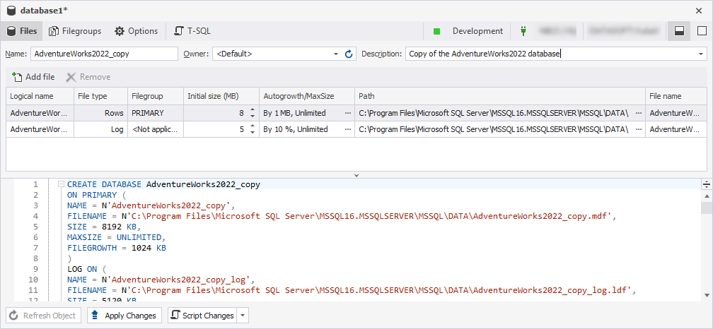 Specify database details