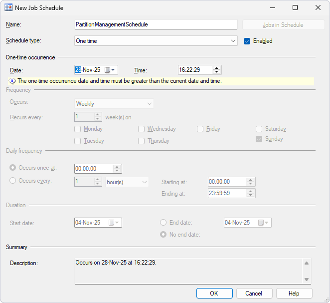 Schedule settings for the job