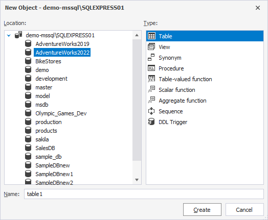 New Database Object window - from the Database menu
