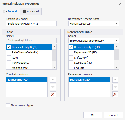 New Virtual Relation Properties dialog with new relationship configured