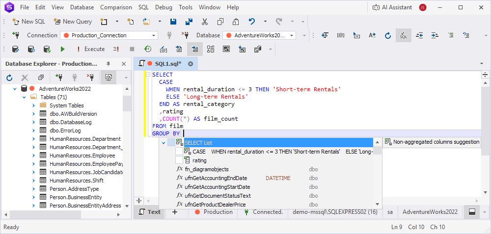 Non-aggregated columns suggestion
