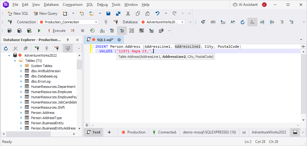 Column info in the VALUES statement