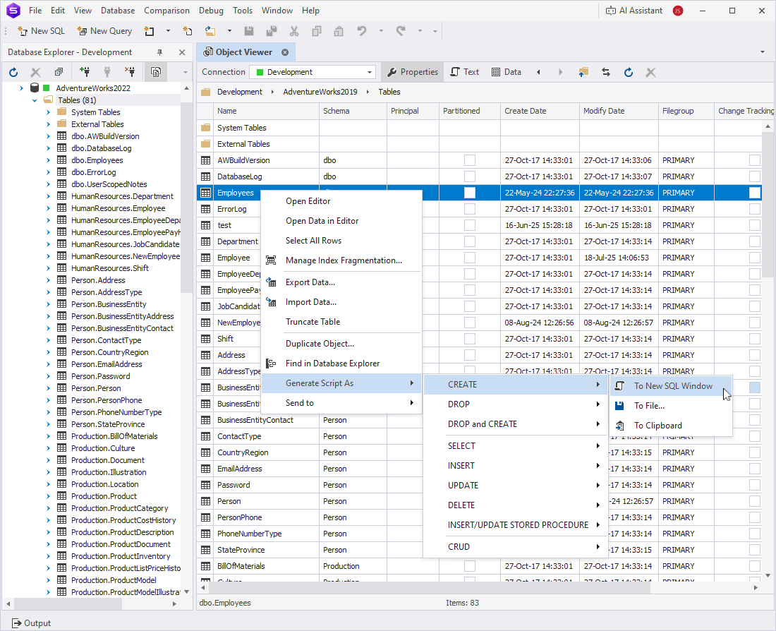 Generate script from the properties grid