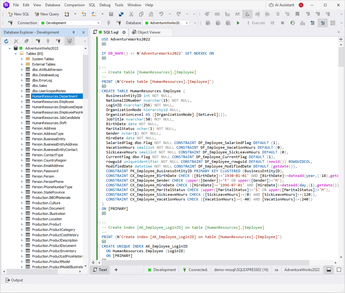Script generated from the properties grid