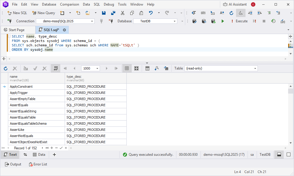 View a list of objects that exist in the tSQLt database schema