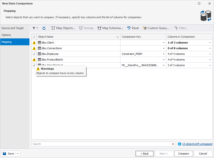Warning message - Objects to compare have no key column