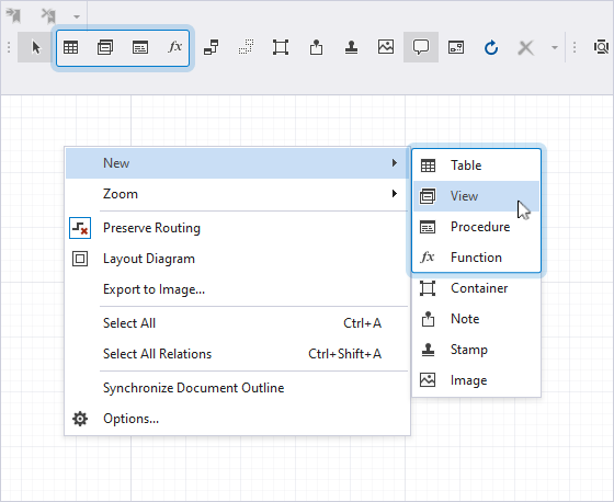 Object type icons on the Database Diagram toolbar and the shortcut menu with the expanded list of object types