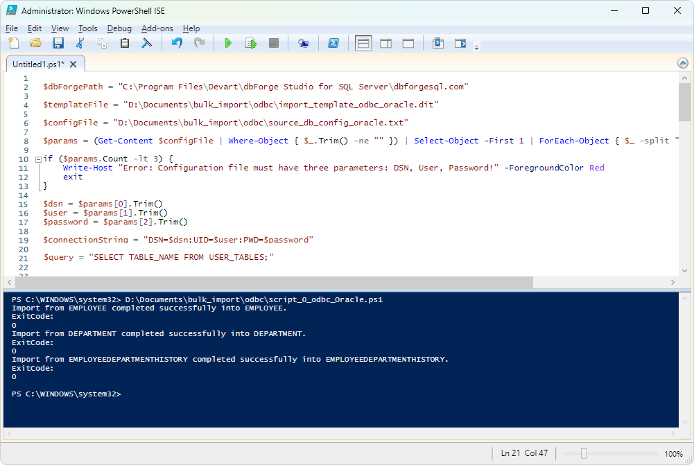 Result of imported tables for Oracle