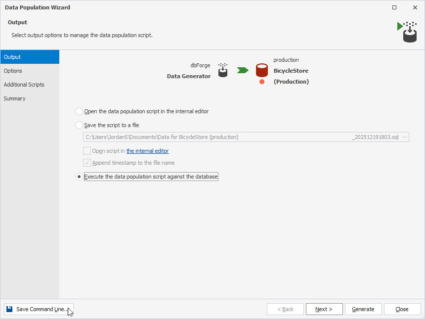Open the command-line wizard from the Data Population Wizard