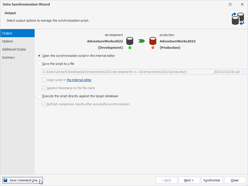 Open the command-line wizard from Data Synchronization Wizard