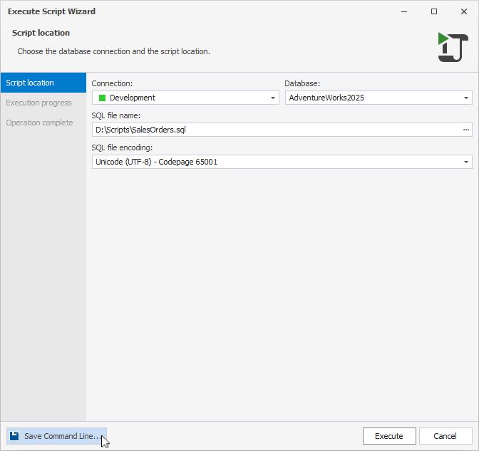 Open the command-line wizard from the Execute Script Wizard