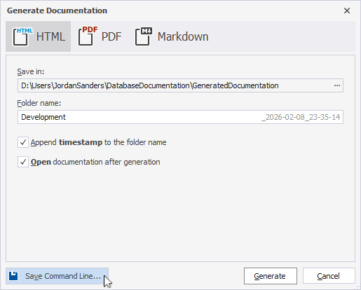 Open the command-line wizard from the Generate Documentation dialog