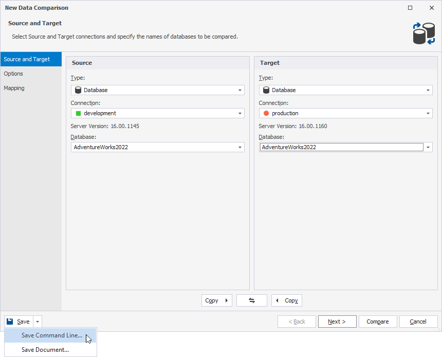 Open the command-line wizard from the New Data Comparison wizard