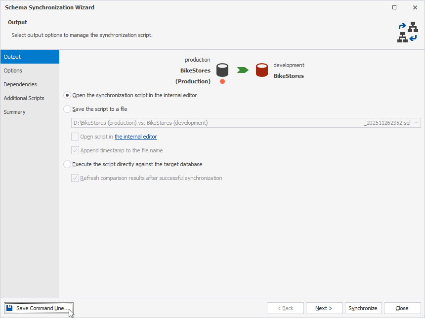 Open the Command-line wizard from the Schema Synchronization Wizard