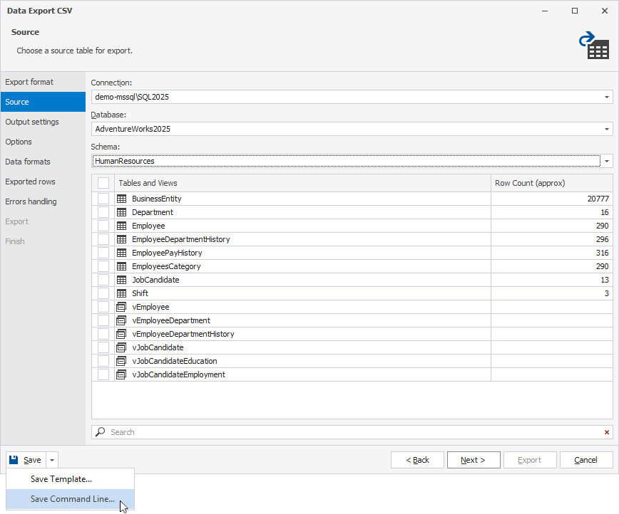Open the command-line wizard from the Data Export wizard