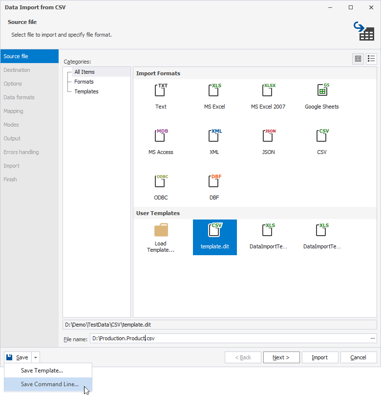 Open the command-line wizard from the Data Import wizard