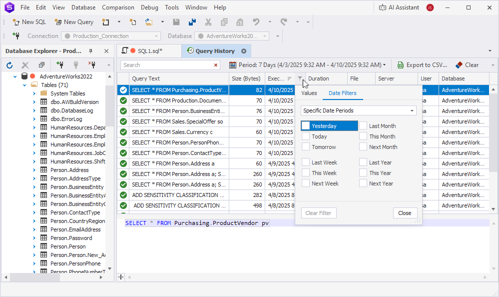Query History column filters