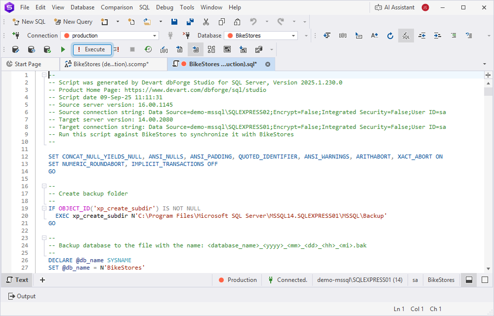 Open the synchronization script in the internal editor