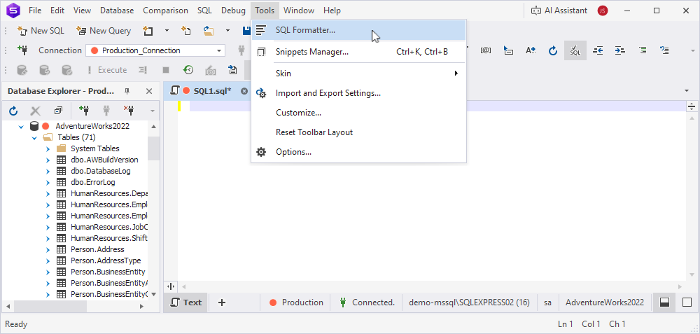 The expanded Tools menu