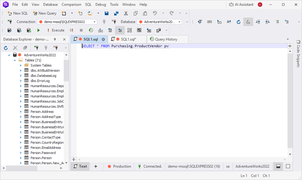 A query opened in a new document