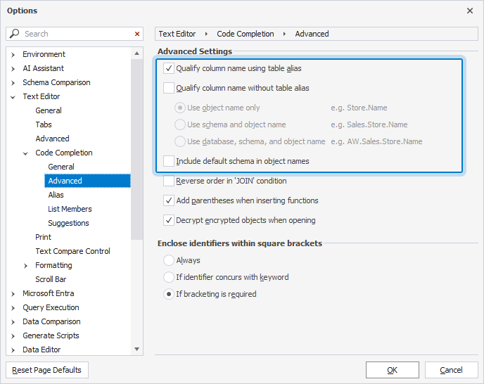 View the options in the Options dialog