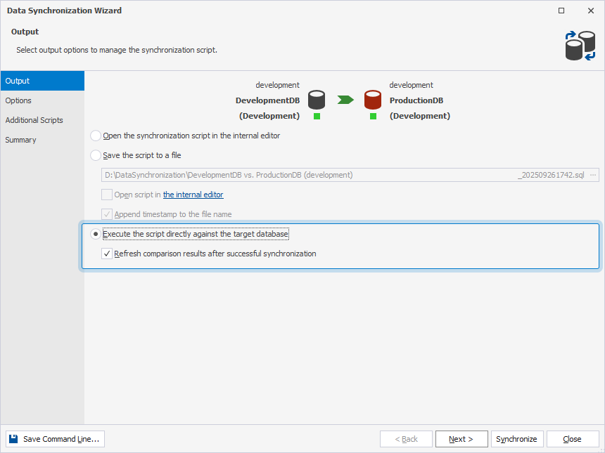 Output option - Execute the script directly against the target database