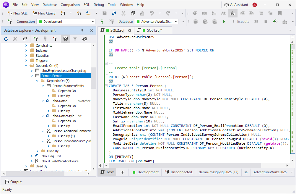 The Depends On folders opened for all objects inside the Person.Person Depends On folder, showing their individual dependencies
