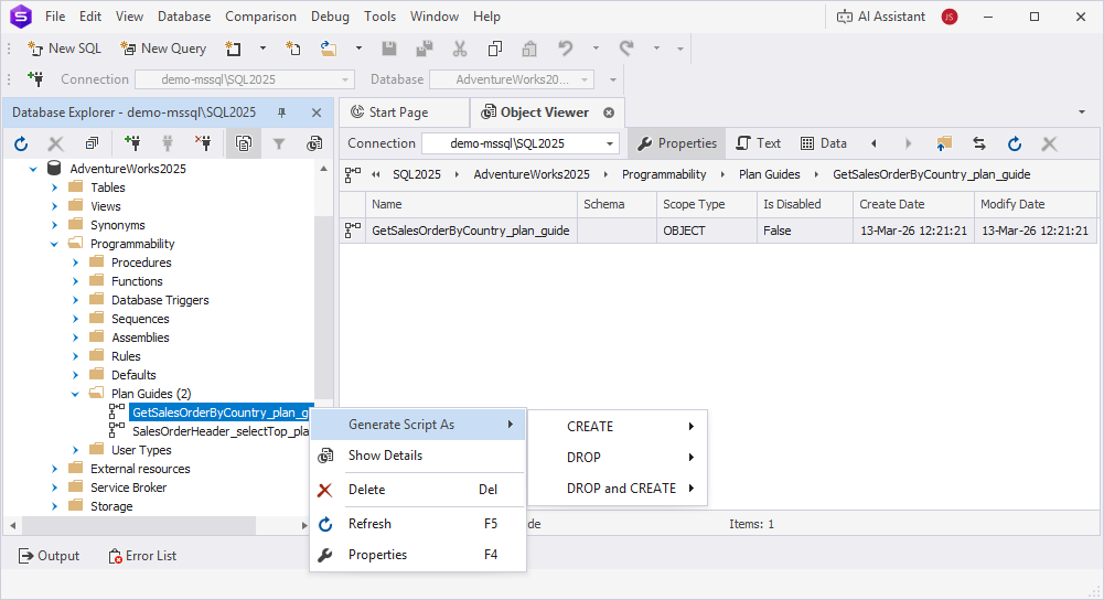 Plan guides in Database Explorer