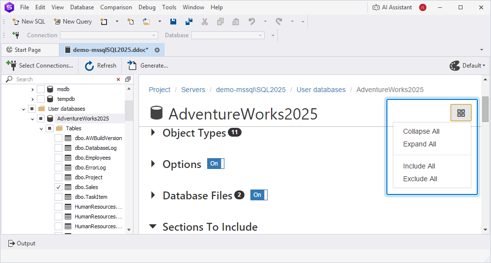 Manage the preview settings in the database documentation project