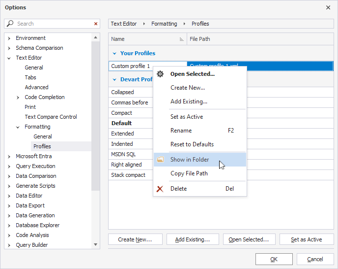 The shortcut menu for a custom profile in the Profiles options