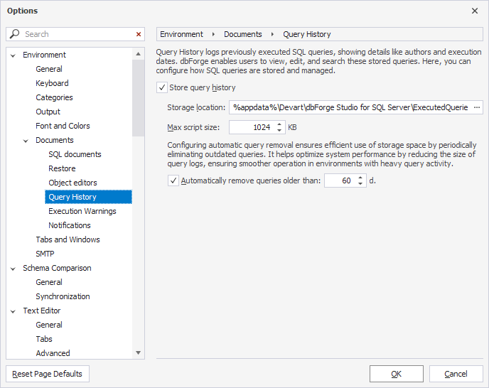 Query history options